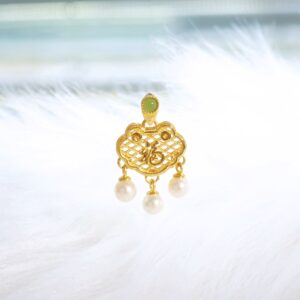 24K/999 Gold Longevity Lock Pendant with Jade and Pearl 足金长命锁吊坠