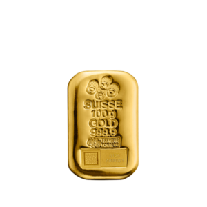 PAMP Suisse cast 100g gold bar, front showing the PAMP stamp and serial number