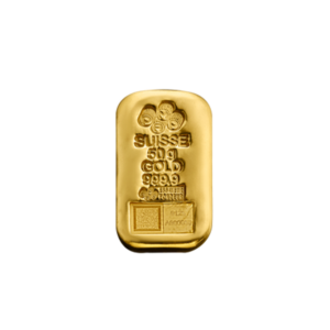 PAMP Suisse cast 50g gold bar, front showing the PAMP hallmark and serial number