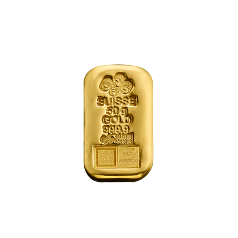 PAMP Suisse cast 50g gold bar, front showing the PAMP hallmark and serial number