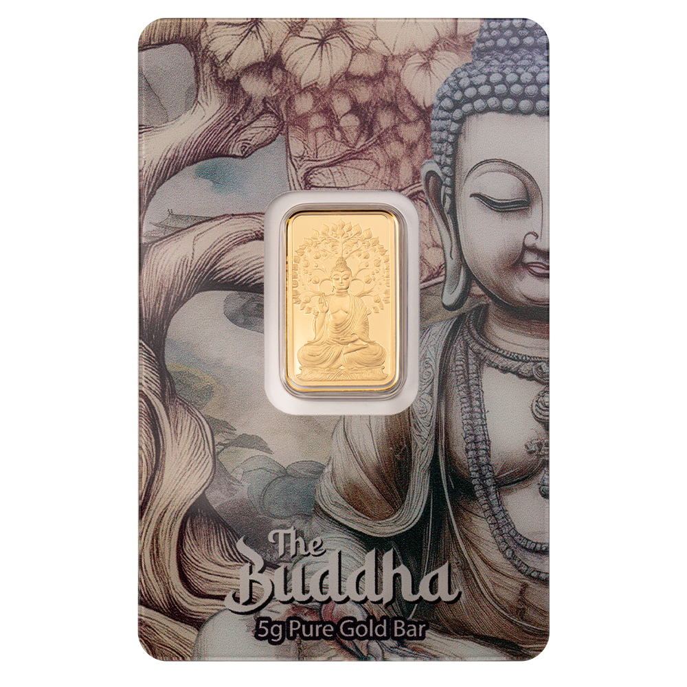 PAMP Suisse Buddha 5g gold bar, front showing a seated Buddha