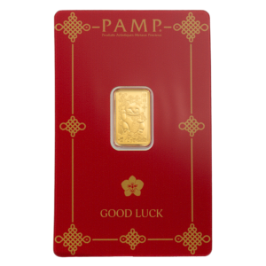 PAMP Suisse Lucky Cat 2.5g gold bar, front showing the beckoning Maneki-neko