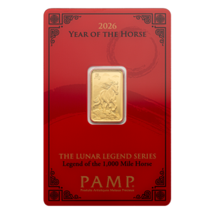 PAMP Suisse Horse 5g gold bar, Lunar Legends 1,000 Mile Horse design for 2026