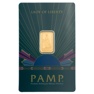 PAMP Suisse Lady Liberty 2.5g gold bar, front showing Lady Liberty with lantern and sword