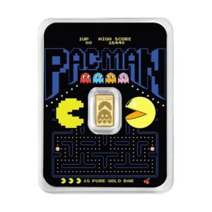 PAMP Suisse PAC-MAN 1g gold bar, front showing PAC-MAN chasing a ghost