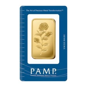 PAMP Rosa 100g gold bar sealed in PAMP blister packaging
