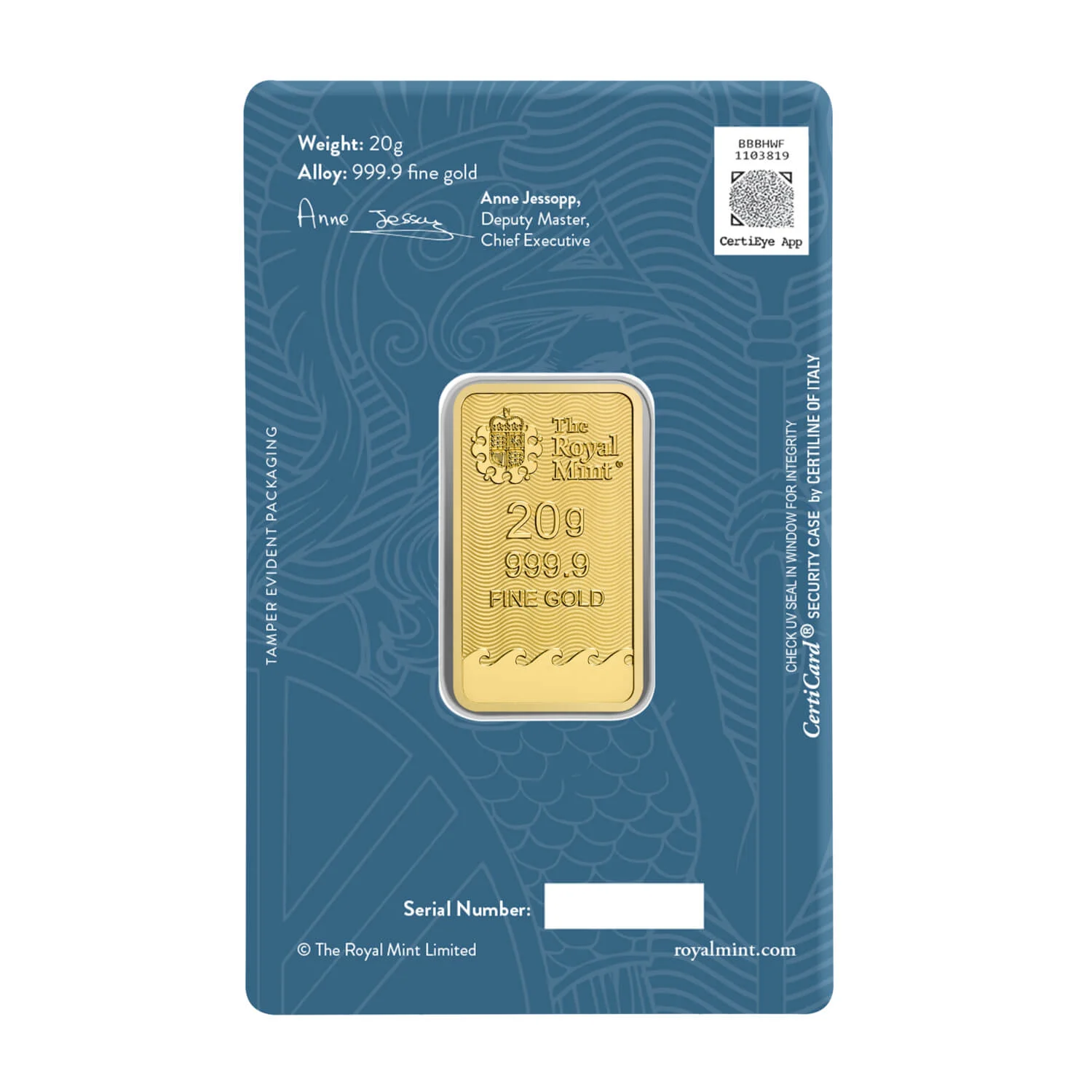 Britannia 20g gold bar in sealed Royal Mint packaging with QR code
